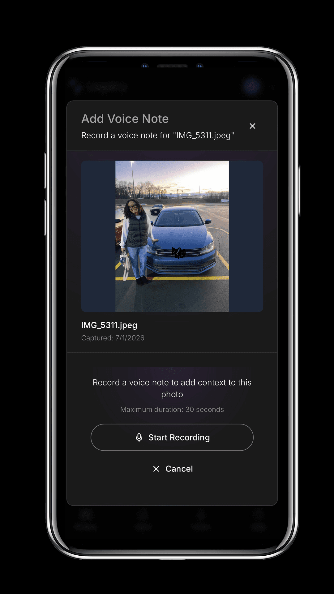 Legatry Add Voice Note screen for attaching a voice note to a photo